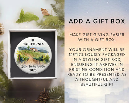 Custom vacation California ceramic photo ornament with personalized message – handmade Christmas bauble, gift souvenir, or vacation keepsake. Add gift box