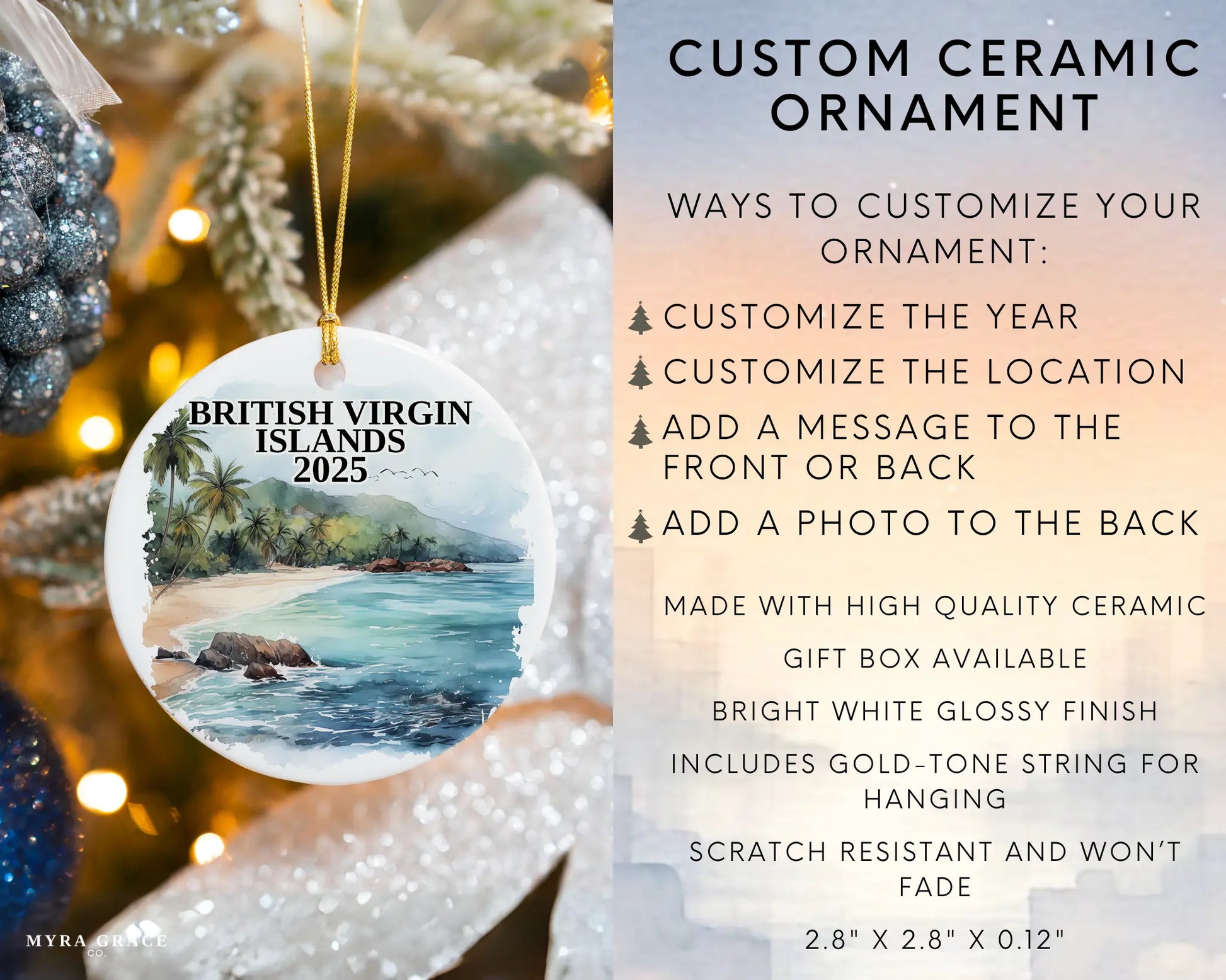 Custom British Virgin Islands ceramic photo ornament with personalized message – handmade Christmas bauble, gift souvenir, or vacation keepsake. Infographic