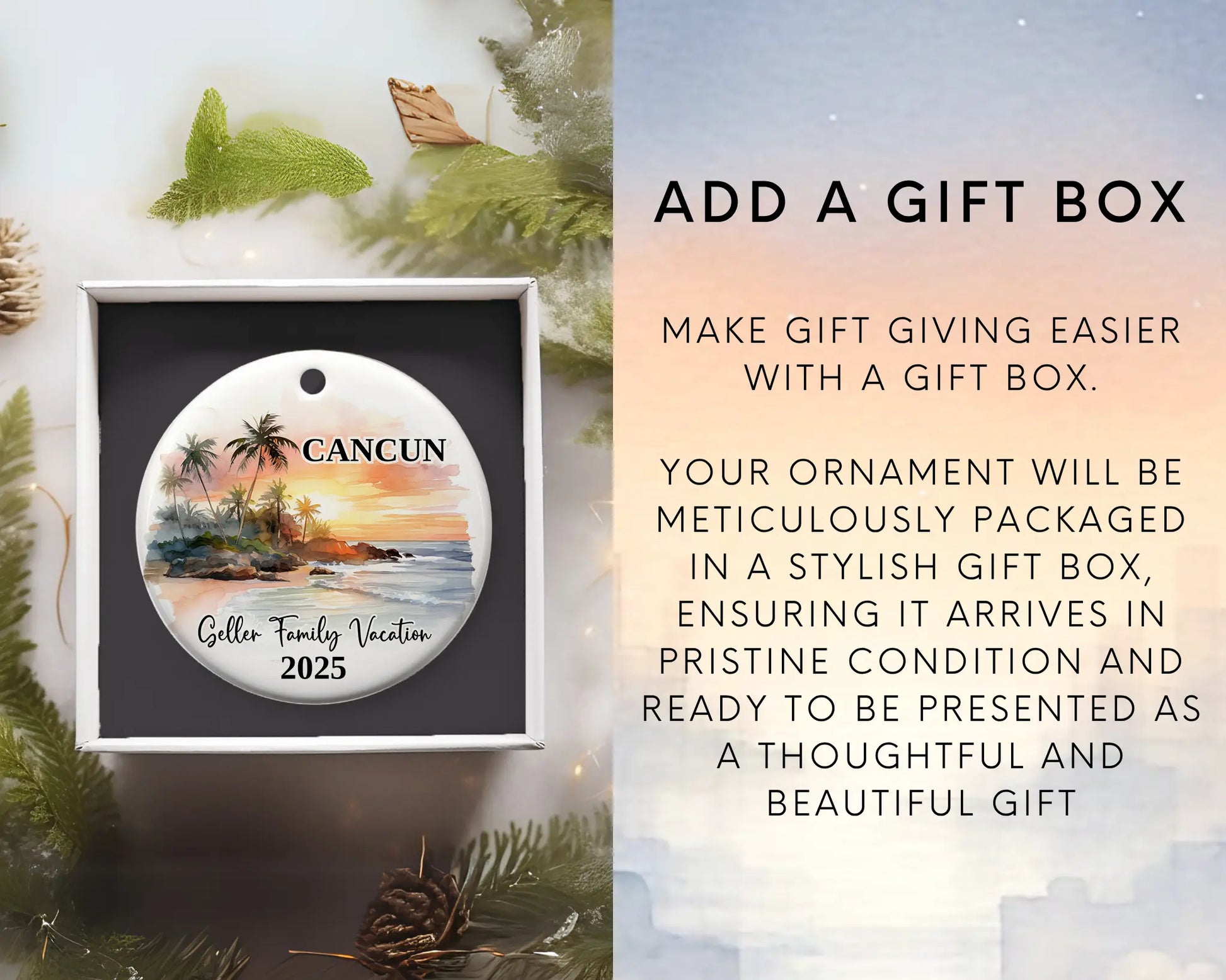 Custom vacation Cancun Mexico ceramic photo ornament with personalized message – handmade Christmas bauble, gift souvenir, or vacation keepsake. Add gift box