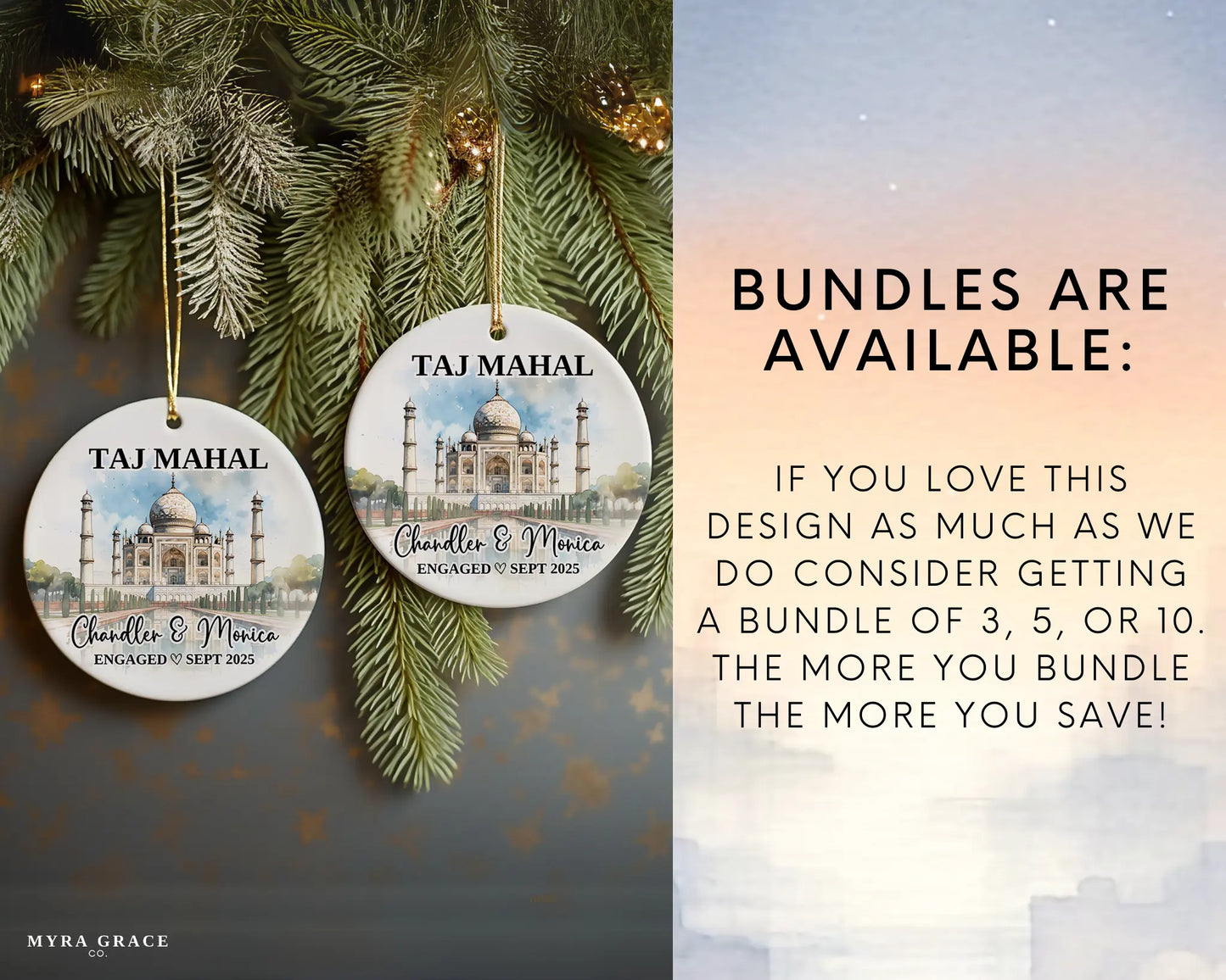 Taj Mahal Engagement Ornament Custom Gift Souvenir Bauble Present. Bundles are available