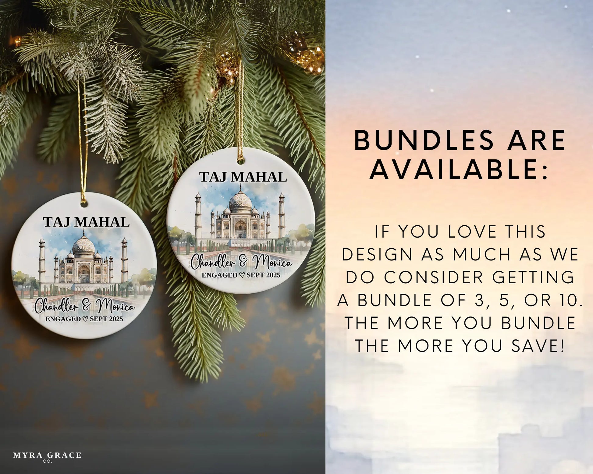 Taj Mahal Engagement Ornament Custom Gift Souvenir Bauble Present. Bundles are available