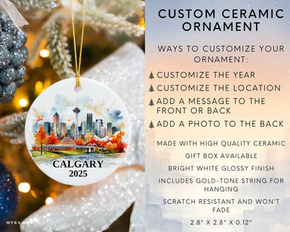 Custom Calgary, Alberta ceramic photo ornament with personalized message – handmade Christmas bauble, gift souvenir, or vacation keepsake.  infographic