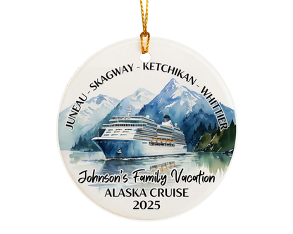 Handmade ceramic Alaska cruise ornament with personalized location and photo – custom Christmas bauble or cruise vacation souvenir.