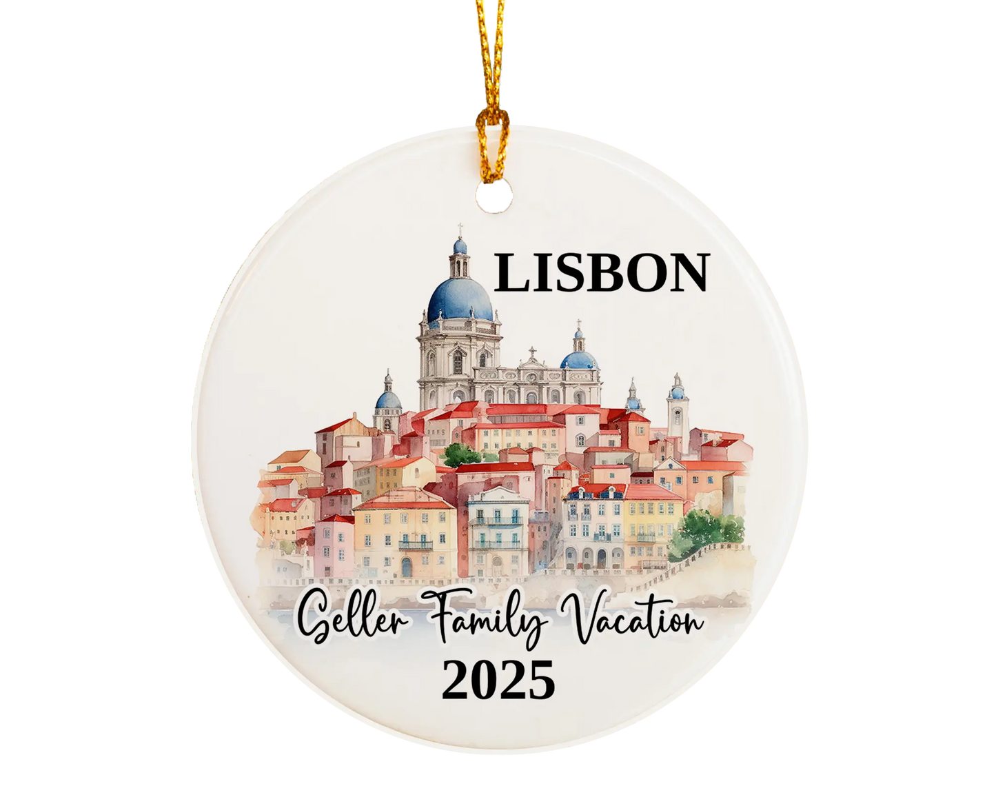 Custom vacation Lisbon Portugal ceramic photo ornament with personalized message – handmade Christmas bauble, gift souvenir, or vacation keepsake. 