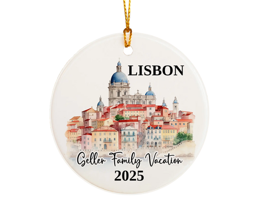 Custom vacation Lisbon Portugal ceramic photo ornament with personalized message – handmade Christmas bauble, gift souvenir, or vacation keepsake. 