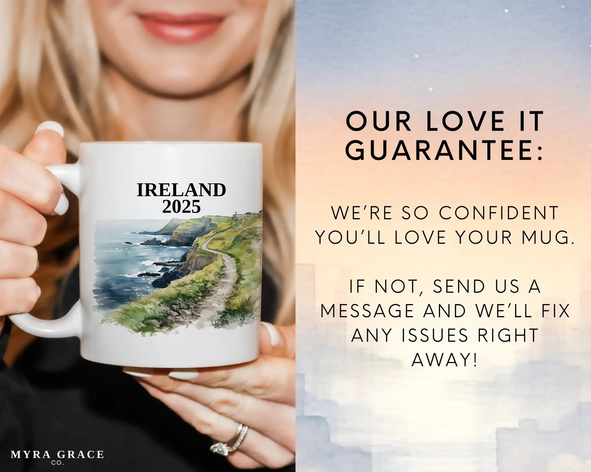 Custom ceramic Ireland Cliffs of Moher vacation mug with watercolor location design, date, and personal photo – personalized travel gift or photo mug. Love it guarantee