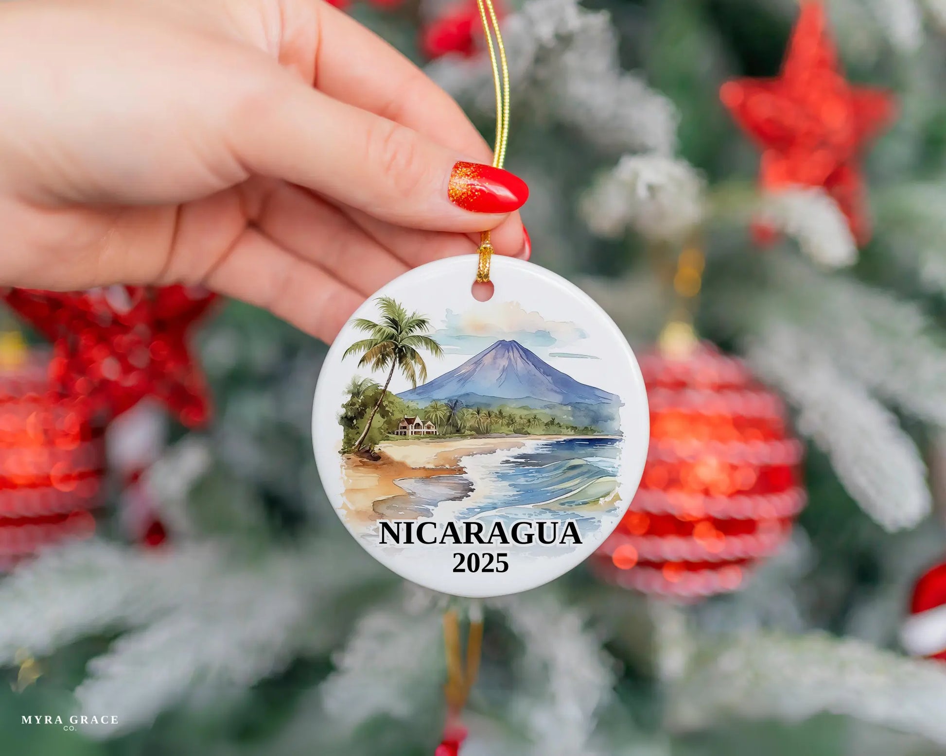 Custom Nicaragua ceramic photo ornament with personalized message – handmade Christmas bauble, gift souvenir, or vacation keepsake. 