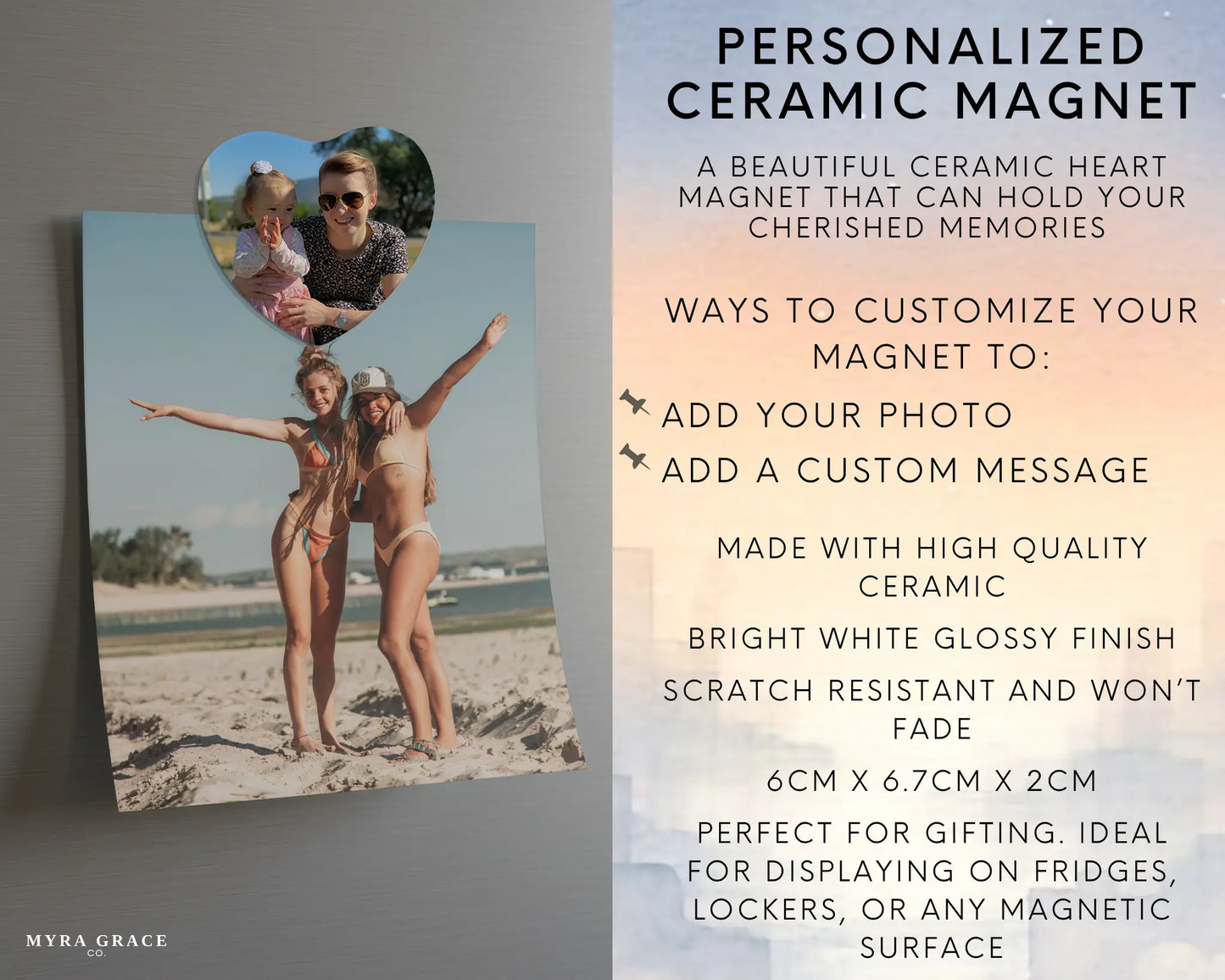 Heart-shaped custom mom ceramic photo magnet on fridge – handmade personalized gift or Christmas fridge magnet. Infographic