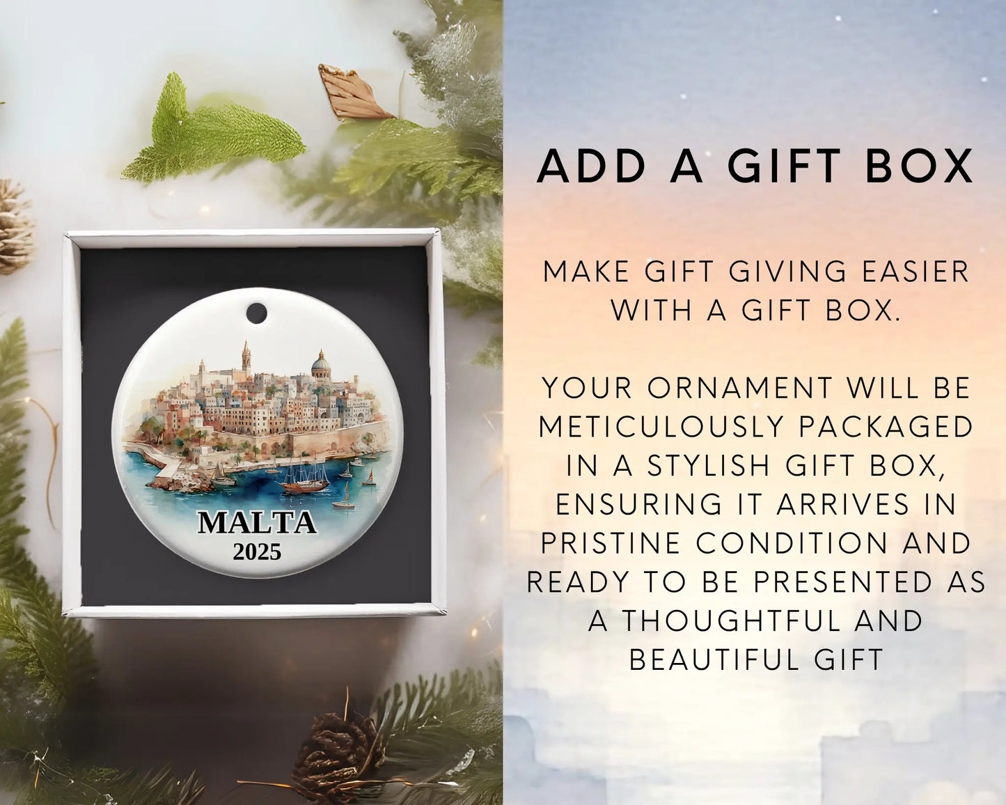 Malta Ornament Custom Gift Souvenir Bauble. Custom Malta ceramic photo ornament with personalized message – handmade Christmas bauble, gift souvenir, or vacation keepsake.  Add gift box