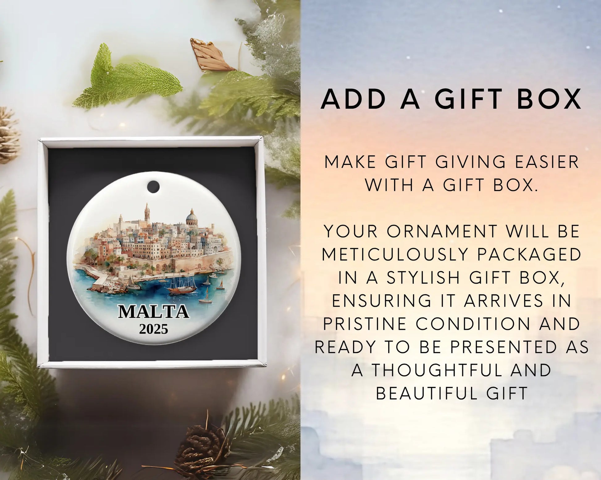 Malta Ornament Custom Gift Souvenir Bauble. Custom Malta ceramic photo ornament with personalized message – handmade Christmas bauble, gift souvenir, or vacation keepsake.  Add gift box