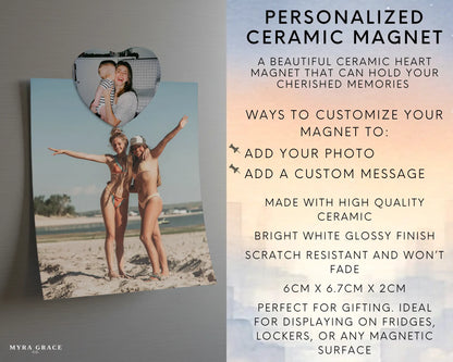 Heart-shaped custom mom ceramic photo magnet on fridge – handmade personalized gift or Christmas fridge magnet. Infographic