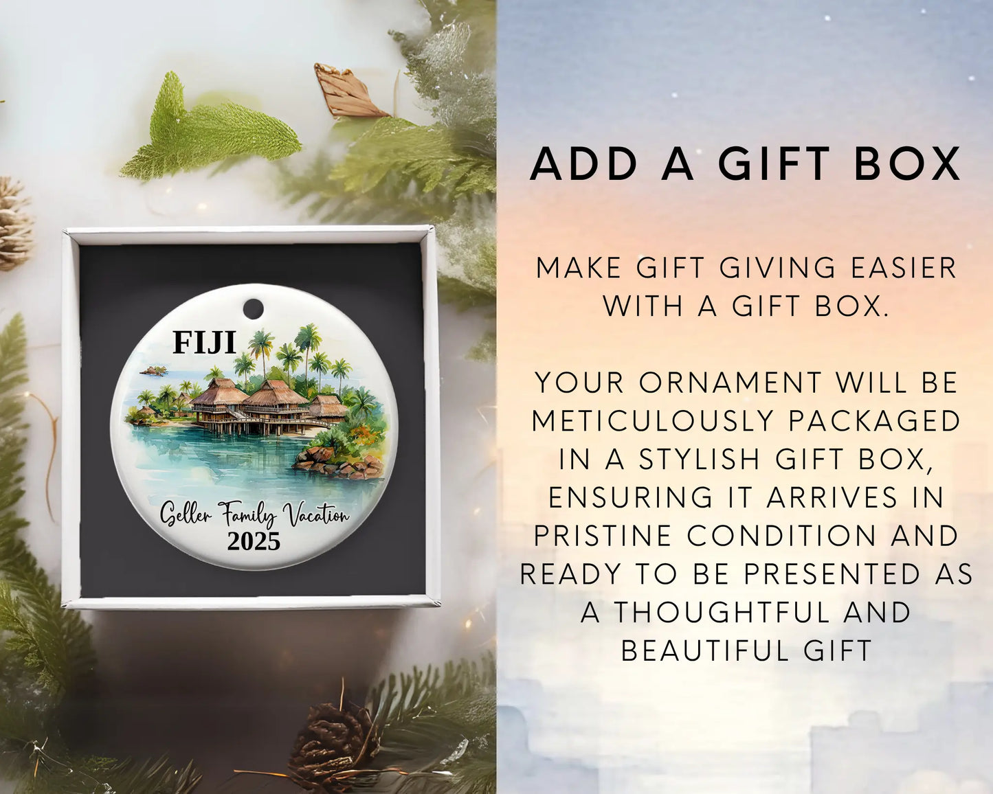 Custom vacation Fiji ceramic photo ornament with personalized message – handmade Christmas bauble, gift souvenir, or vacation keepsake. Add gift box