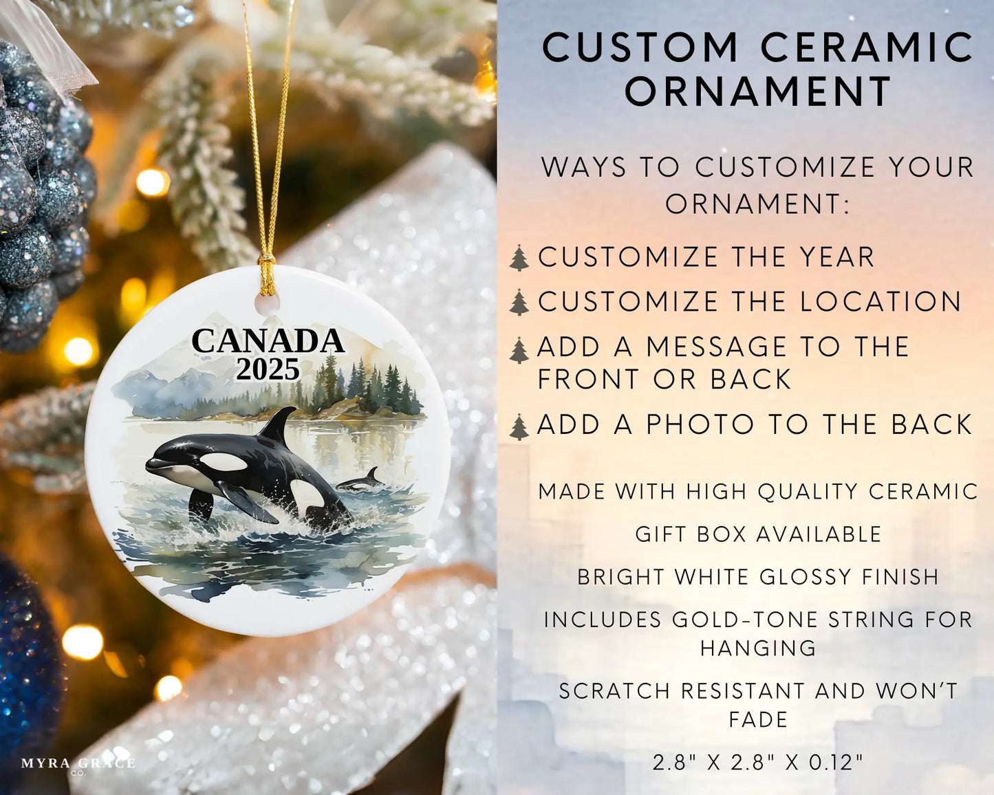 Custom Canada ceramic photo ornament with personalized message – handmade Christmas bauble, gift souvenir, or vacation keepsake.  Infographic