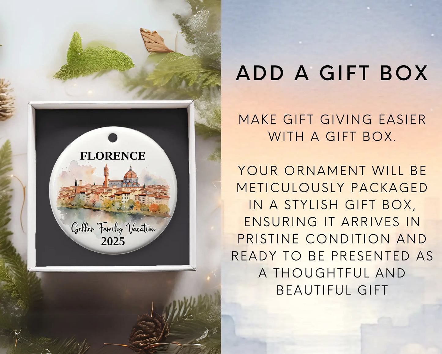 Custom vacation Florence Italy ceramic photo ornament with personalized message – handmade Christmas bauble, gift souvenir, or vacation keepsake. Add gift box