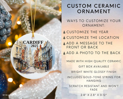 Custom Cardiff Wales ceramic photo ornament with personalized message – handmade Christmas bauble, gift souvenir, or vacation keepsake.  Infographic