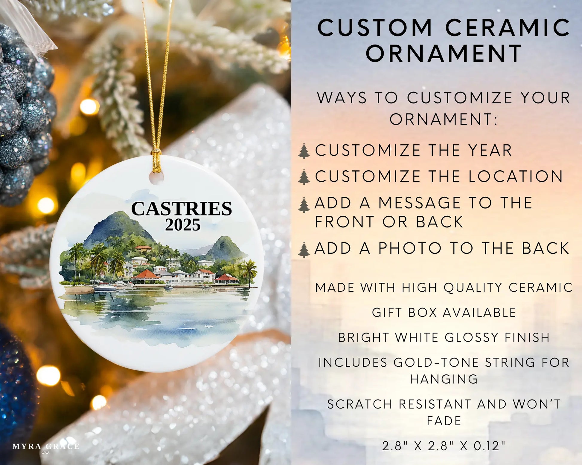 Custom Castries Saint Lucia ceramic photo ornament with personalized message – handmade Christmas bauble, gift souvenir, or vacation keepsake.  Infographic