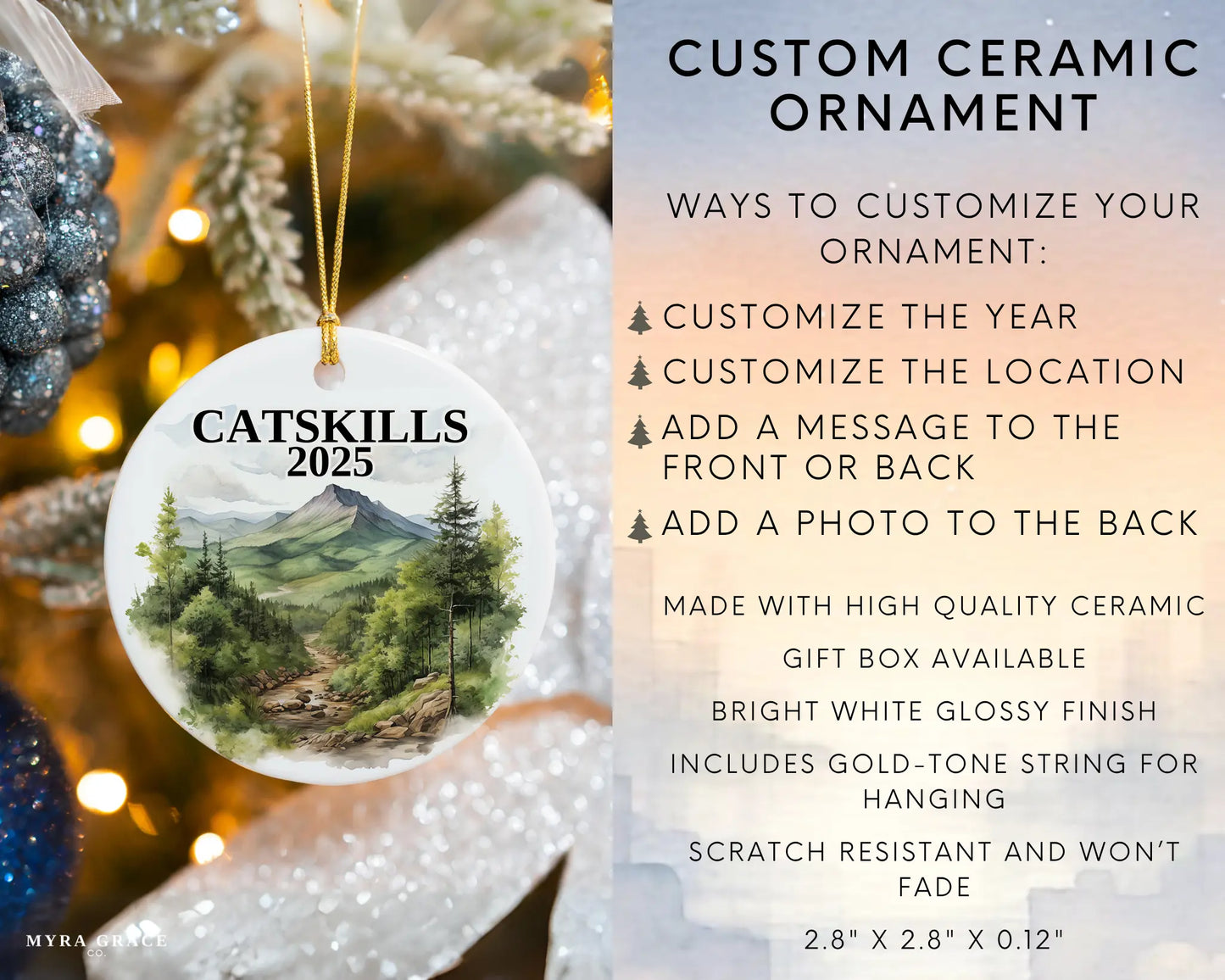 Custom Catskills ceramic photo ornament with personalized message – handmade Christmas bauble, gift souvenir, or vacation keepsake.  infographic