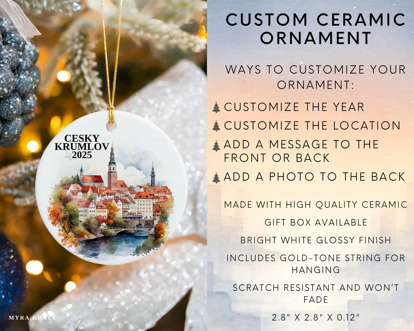 Custom Cesky Krumlov Czech Republic ceramic photo ornament with personalized message – handmade Christmas bauble, gift souvenir, or vacation keepsake.  Infographic