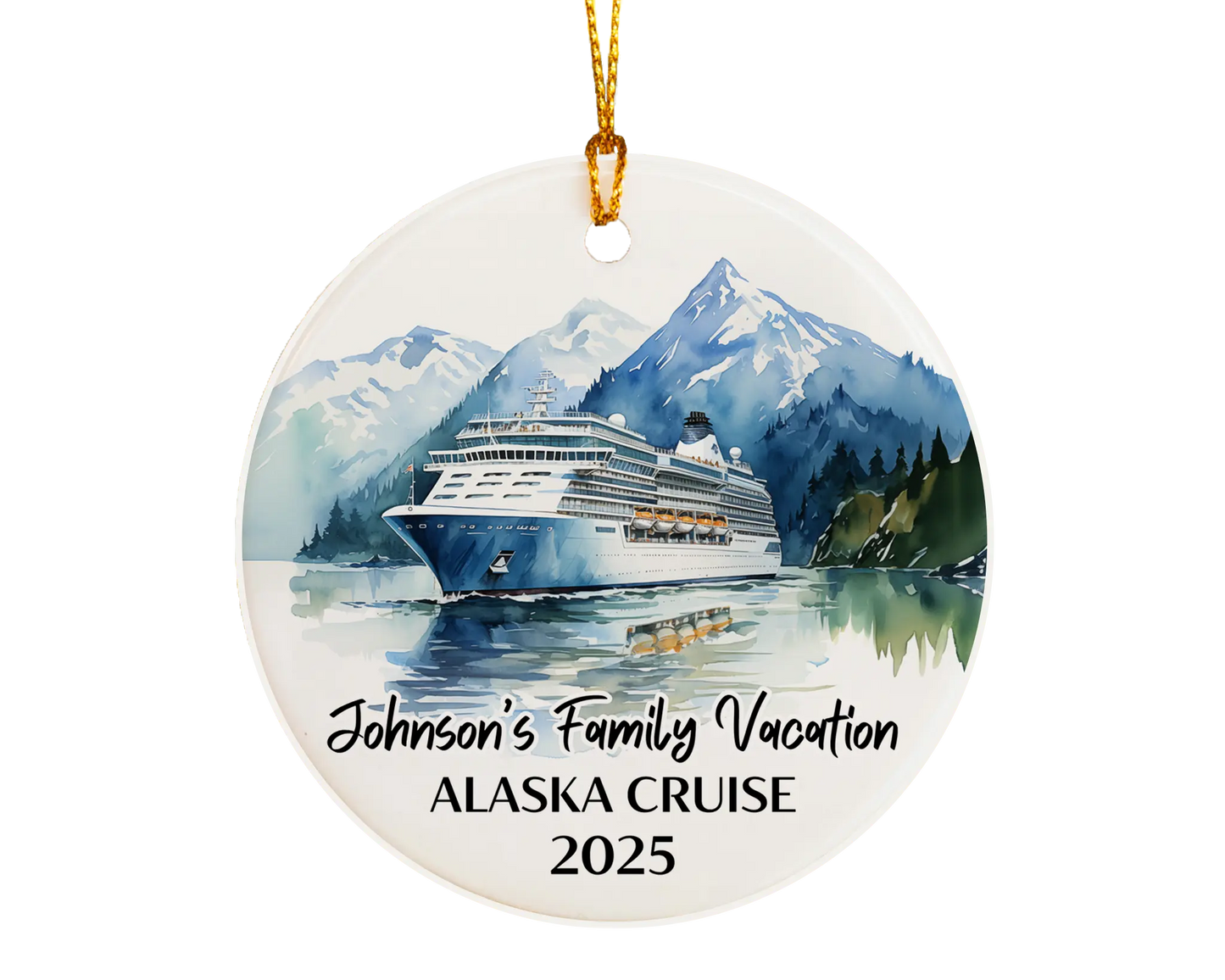 Handmade ceramic Alaska cruise ornament with personalized location and photo – custom Christmas bauble or cruise vacation souvenir. 