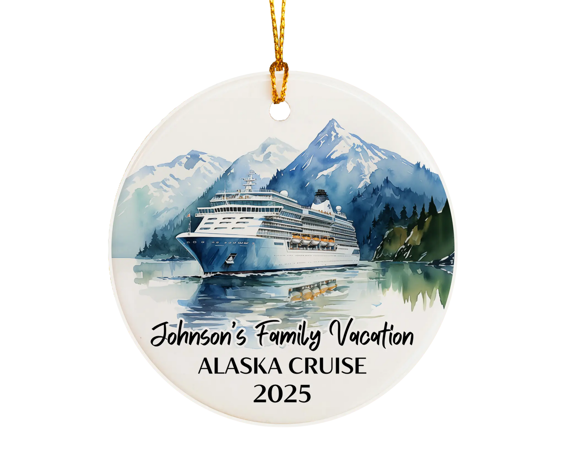 Handmade ceramic Alaska cruise ornament with personalized location and photo – custom Christmas bauble or cruise vacation souvenir. 