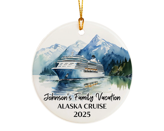 Handmade ceramic Alaska cruise ornament with personalized location and photo – custom Christmas bauble or cruise vacation souvenir. 