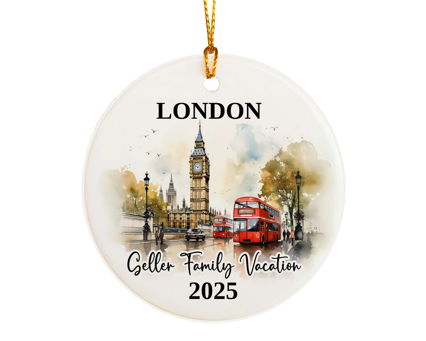 Custom vacation London ceramic photo ornament with personalized message – handmade Christmas bauble, gift souvenir, or vacation keepsake. 