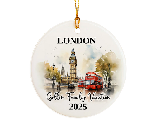 Custom vacation London ceramic photo ornament with personalized message – handmade Christmas bauble, gift souvenir, or vacation keepsake. 