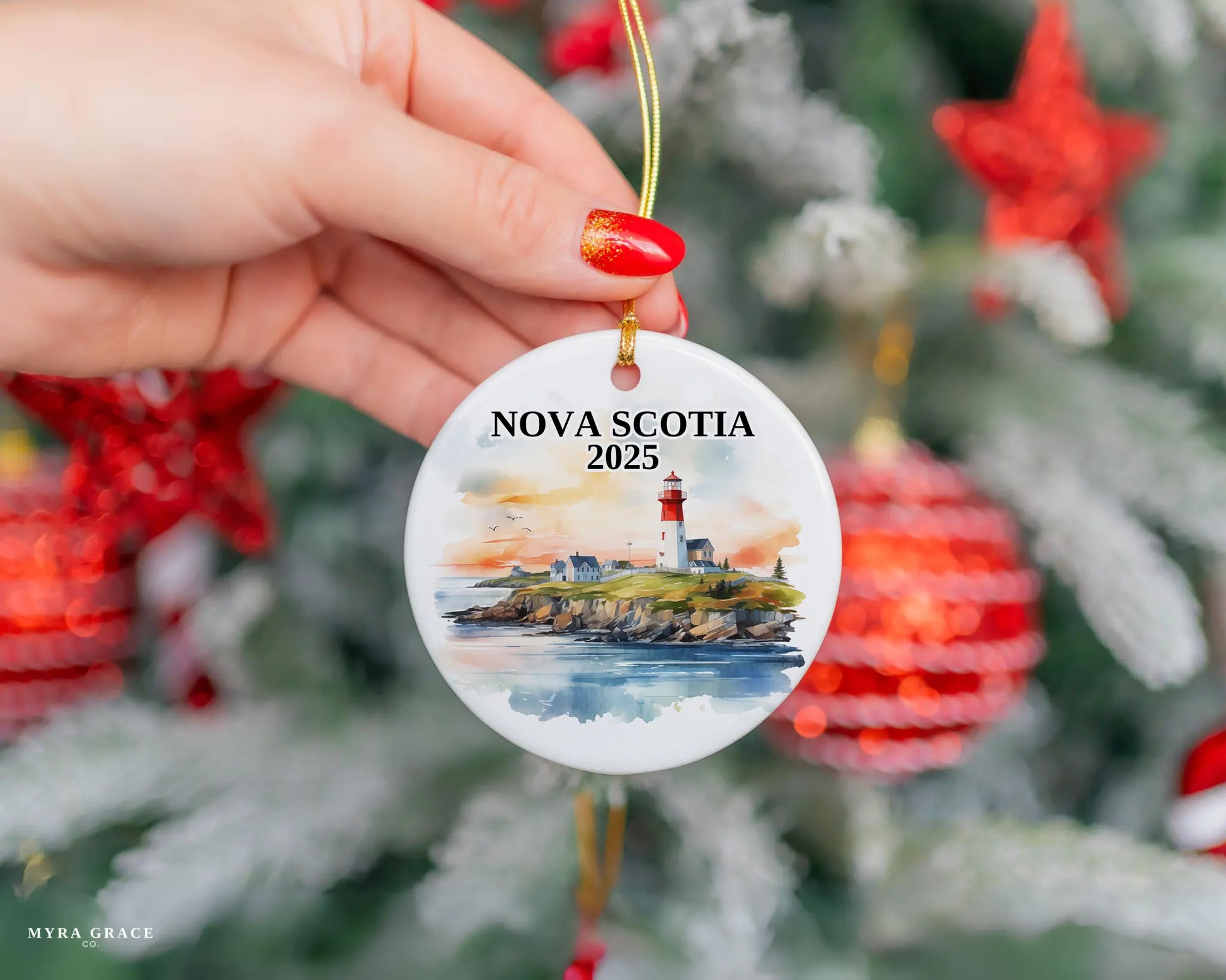 Custom Nova Scotia ceramic photo ornament with personalized message – handmade Christmas bauble, gift souvenir, or vacation keepsake. 