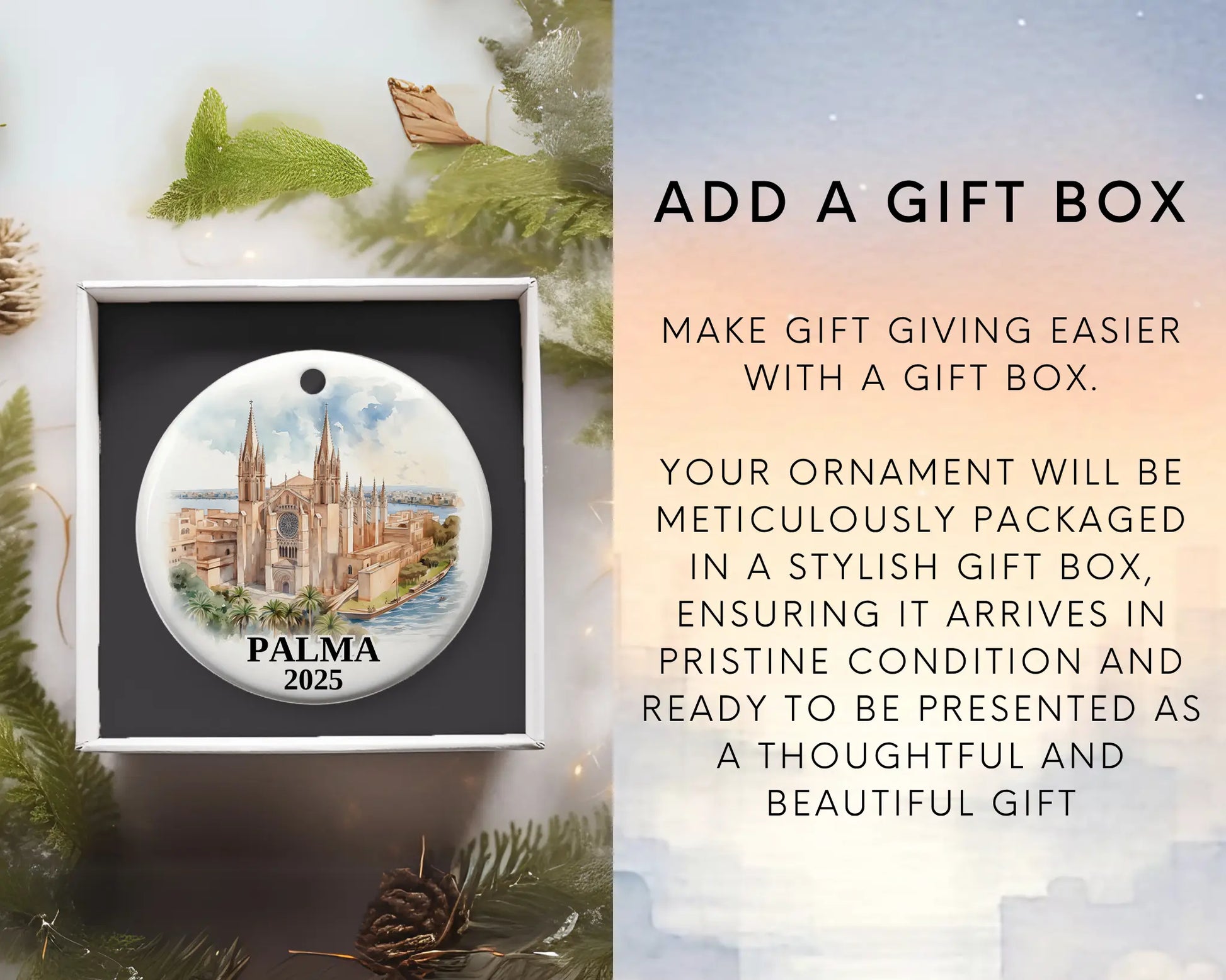 Palma Spain Ornament Custom Gift Souvenir Bauble. Custom Palma Spain ceramic photo ornament with personalized message – handmade Christmas bauble, gift souvenir, or vacation keepsake.  Add gift box