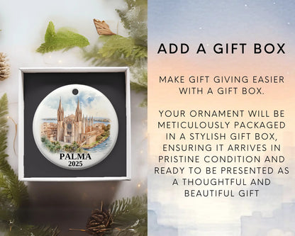 Palma Spain Ornament Custom Gift Souvenir Bauble. Custom Palma Spain ceramic photo ornament with personalized message – handmade Christmas bauble, gift souvenir, or vacation keepsake.  Add gift box