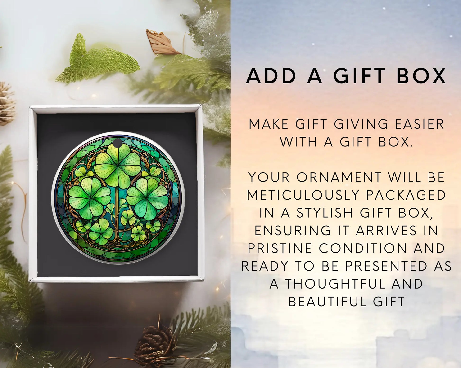 Ceramic ornament with shamrocks and clovers – non-customizable lucky charm gift or seasonal keepsake. Add gift box
