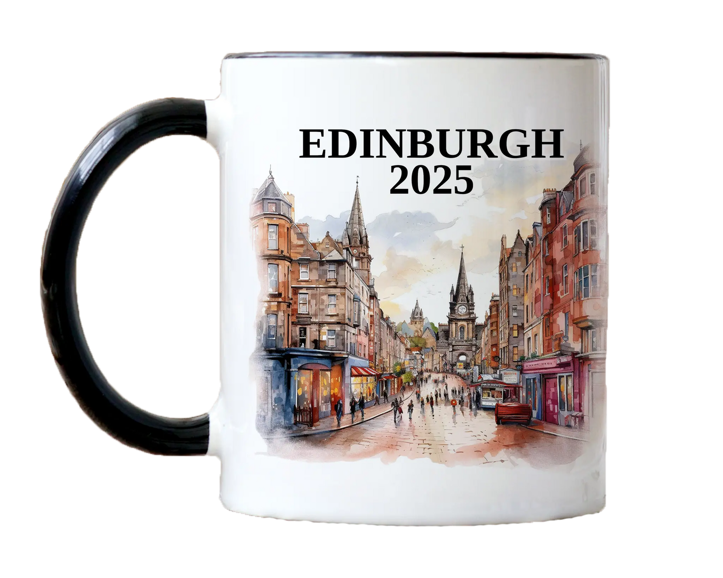 Custom ceramic Edinburgh Scotland vacation mug with watercolor location design, date, and personal photo – personalized travel gift or photo mug. 