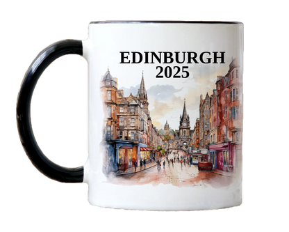 Custom ceramic Edinburgh Scotland vacation mug with watercolor location design, date, and personal photo – personalized travel gift or photo mug. 