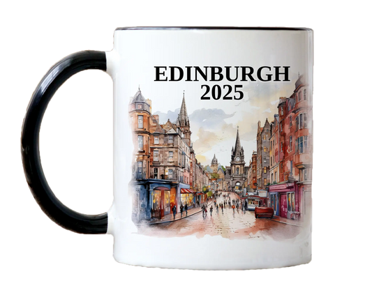 Custom ceramic Edinburgh Scotland vacation mug with watercolor location design, date, and personal photo – personalized travel gift or photo mug. 