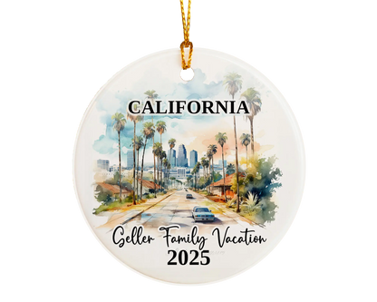Custom vacation California Los Angeles ceramic photo ornament with personalized message – handmade Christmas bauble, gift souvenir, or vacation keepsake. 