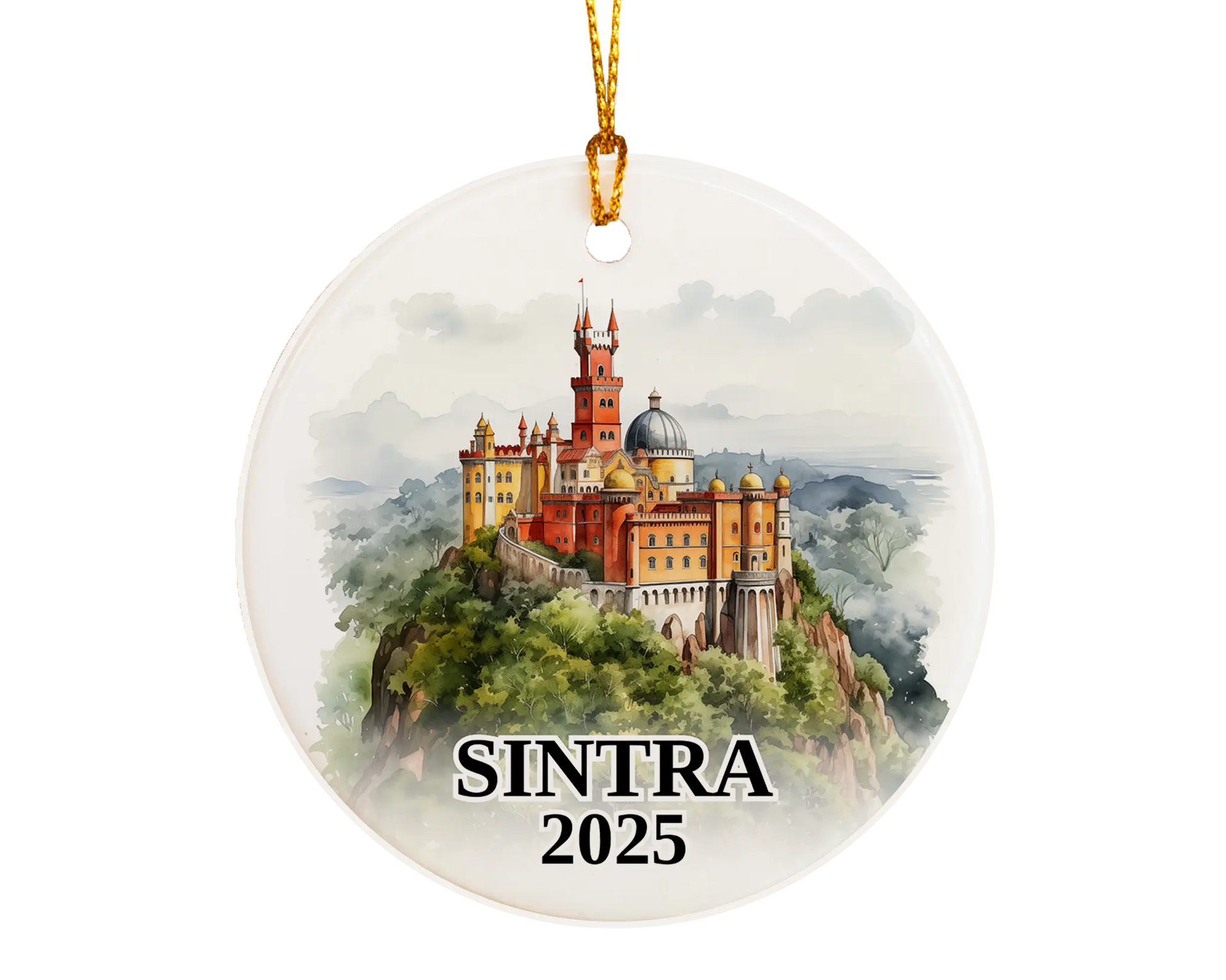 Sintra Portugal Ornament Custom Gift Souvenir Bauble. Custom Sintra Portugal ceramic photo ornament with personalized message – handmade Christmas bauble, gift souvenir, or vacation keepsake.  