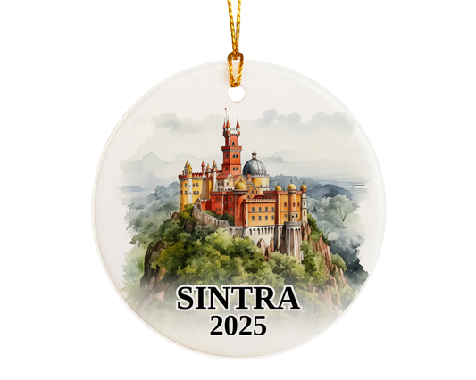 Sintra Portugal Ornament Custom Gift Souvenir Bauble. Custom Sintra Portugal ceramic photo ornament with personalized message – handmade Christmas bauble, gift souvenir, or vacation keepsake.  