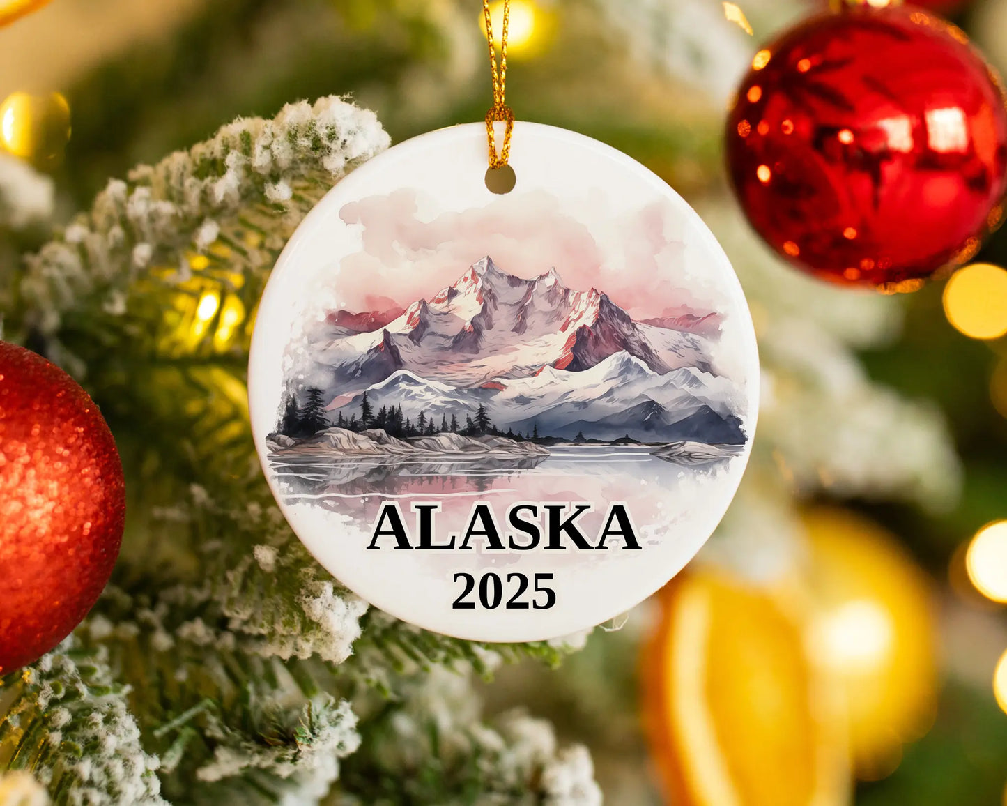 Custom Alaska ceramic photo ornament with personalized message – handmade Christmas bauble, gift souvenir, or vacation keepsake