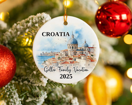 Custom vacation Croatia ceramic photo ornament with personalized message – handmade Christmas bauble, gift souvenir, or vacation keepsake. 