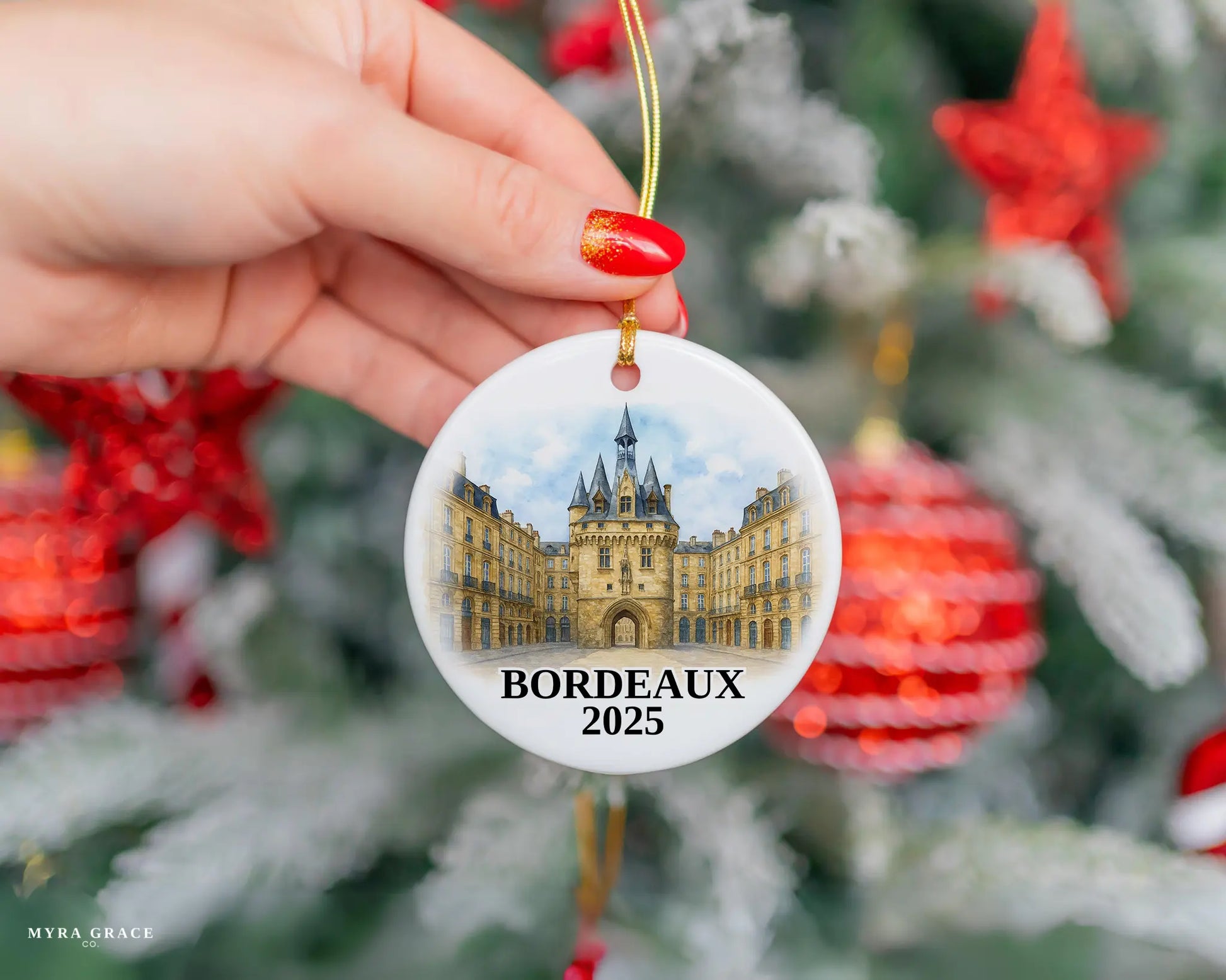 Custom Bordeaux France ceramic photo ornament with personalized message – handmade Christmas bauble, gift souvenir, or vacation keepsake. 