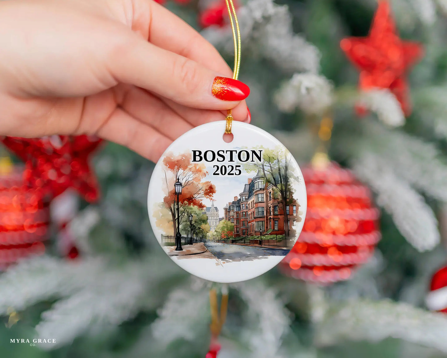Boston Massachusetts Ornament Custom Gift Souvenir Bauble. Custom Boston Massachusetts ceramic photo ornament with personalized message – handmade Christmas bauble, gift souvenir, or vacation keepsake.  