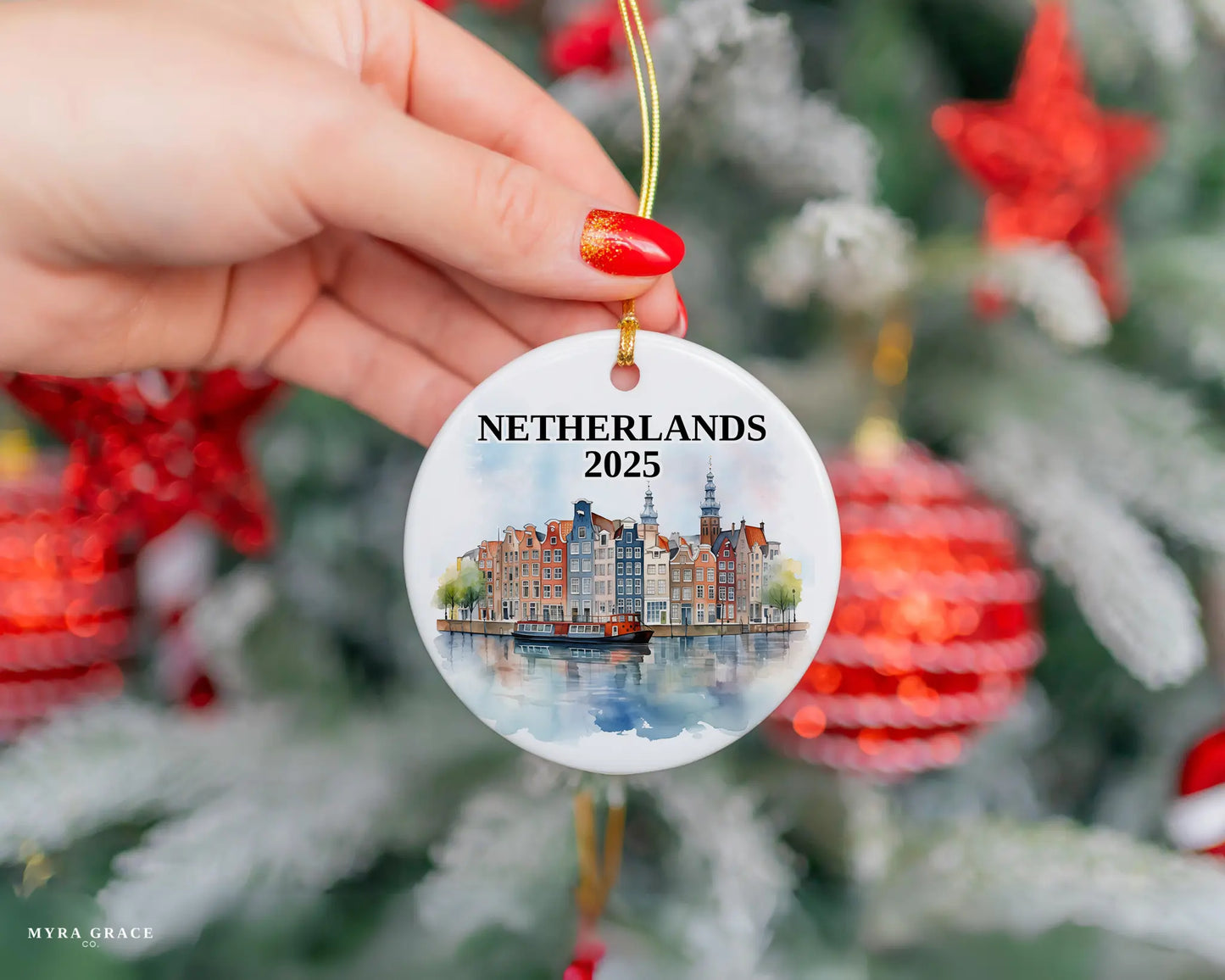 Custom Netherlands ceramic photo ornament with personalized message – handmade Christmas bauble, gift souvenir, or vacation keepsake.  