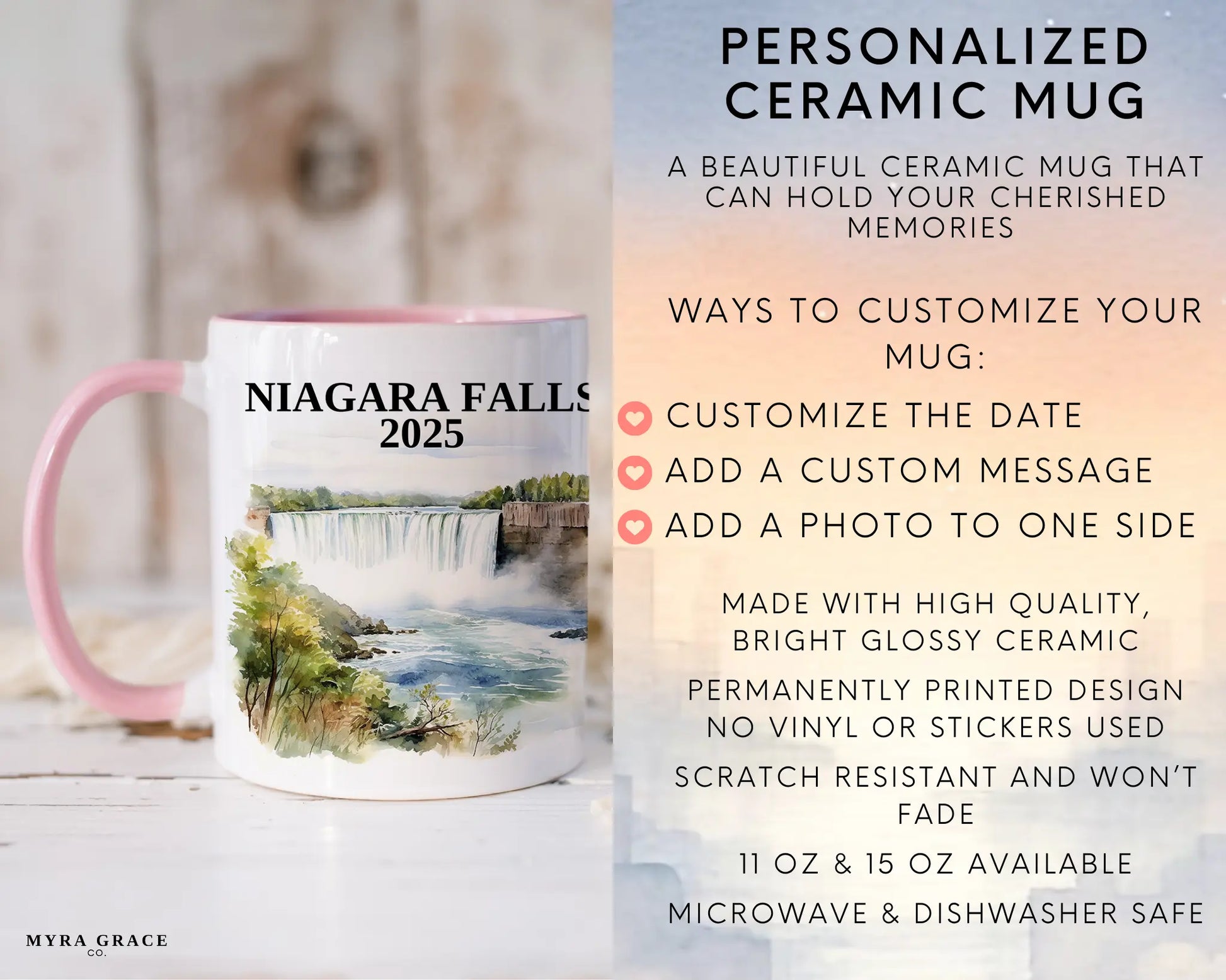 Custom ceramic Niagara Falls vacation mug with watercolor location design, date, and personal photo – personalized travel gift or photo mug. Infographic