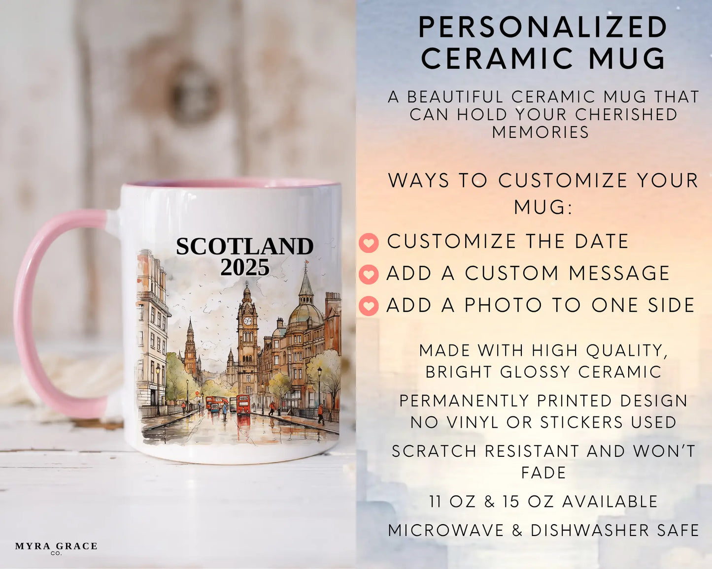 Custom ceramic Scotland vacation mug with watercolor location design, date, and personal photo – personalized travel gift or photo mug. Infographic