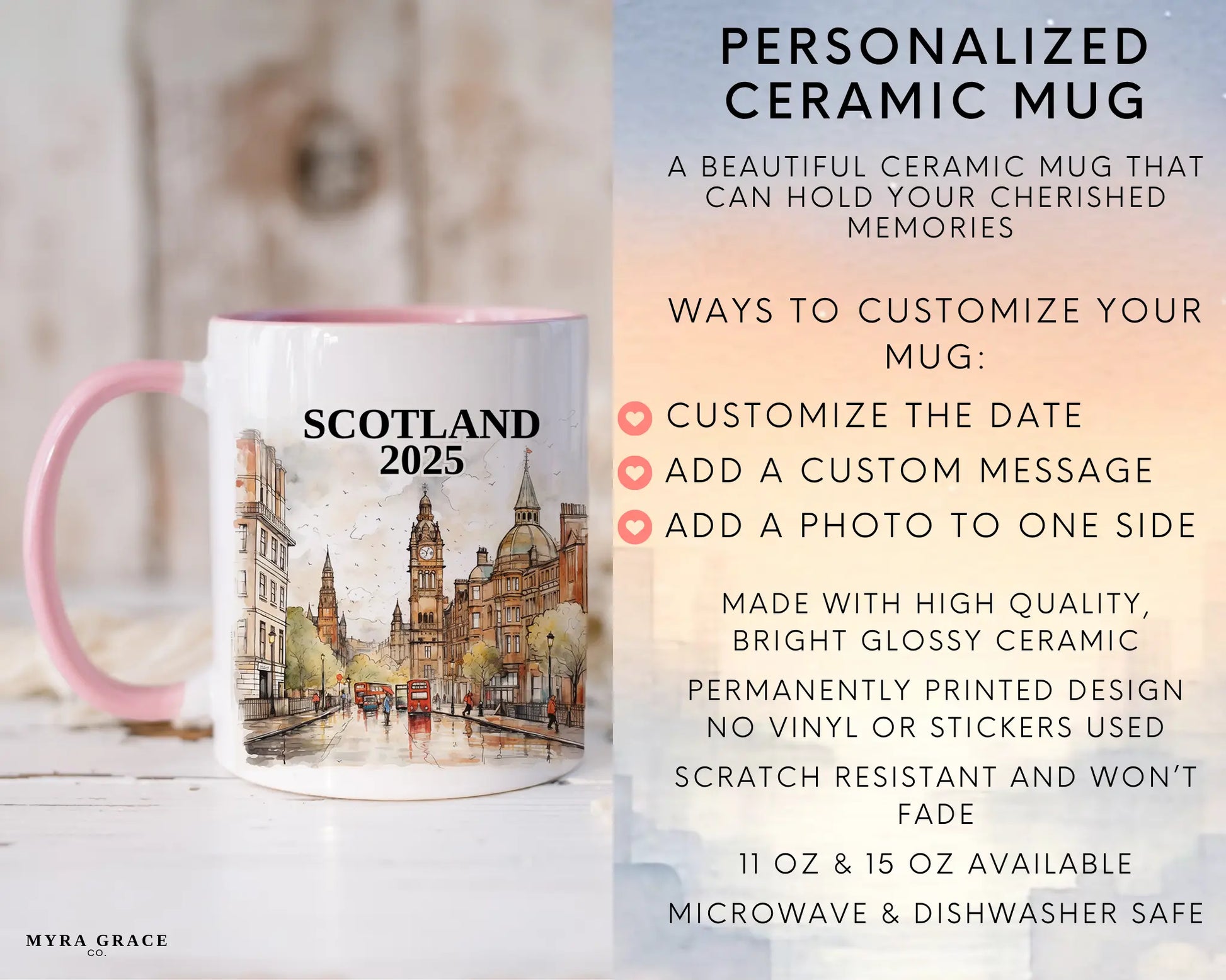 Custom ceramic Scotland vacation mug with watercolor location design, date, and personal photo – personalized travel gift or photo mug. Infographic
