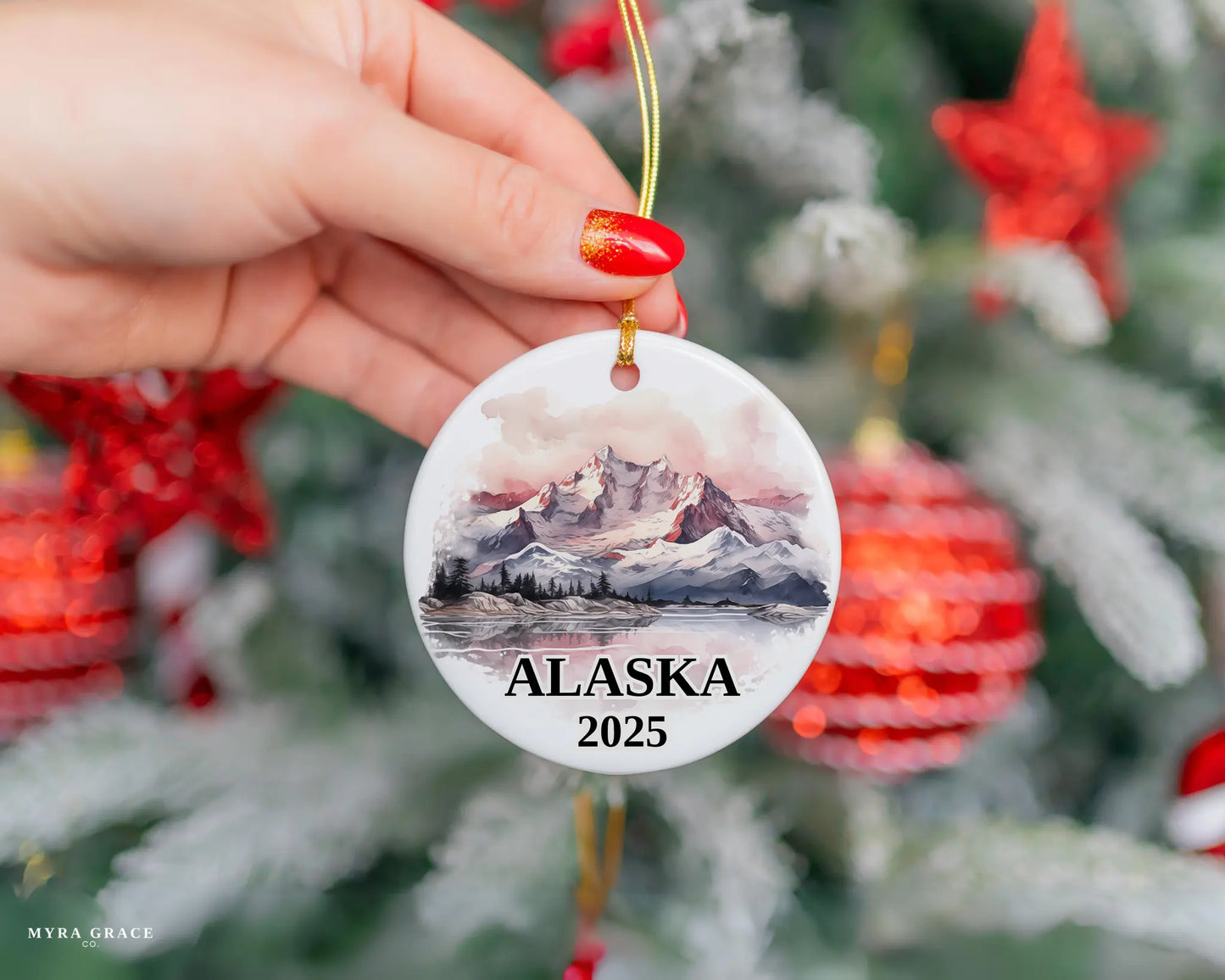 Custom Alaska ceramic photo ornament with personalized message – handmade Christmas bauble, gift souvenir, or vacation keepsake