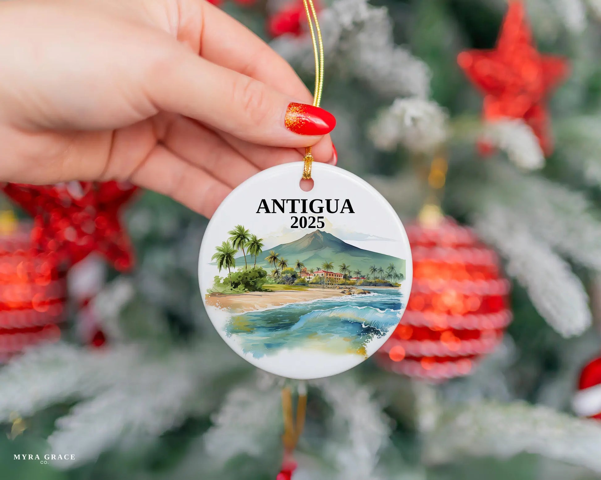 Custom Antigua Guatemala ceramic photo ornament with personalized message – handmade Christmas bauble, gift souvenir, or vacation keepsake. 