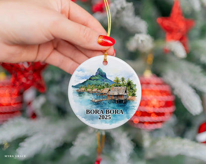 Custom Bora Bora ceramic photo ornament with personalized message – handmade Christmas bauble, gift souvenir, or vacation keepsake.