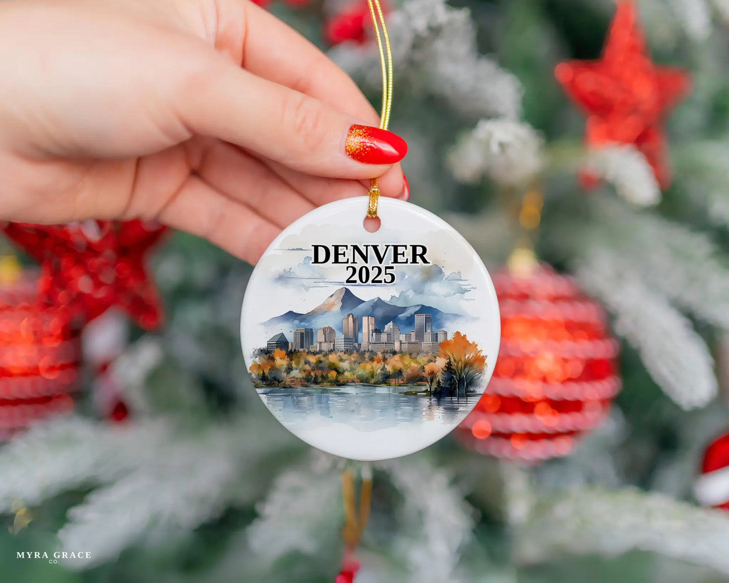 Custom Denver ceramic photo ornament with personalized message – handmade Christmas bauble, gift souvenir, or vacation keepsake.  
