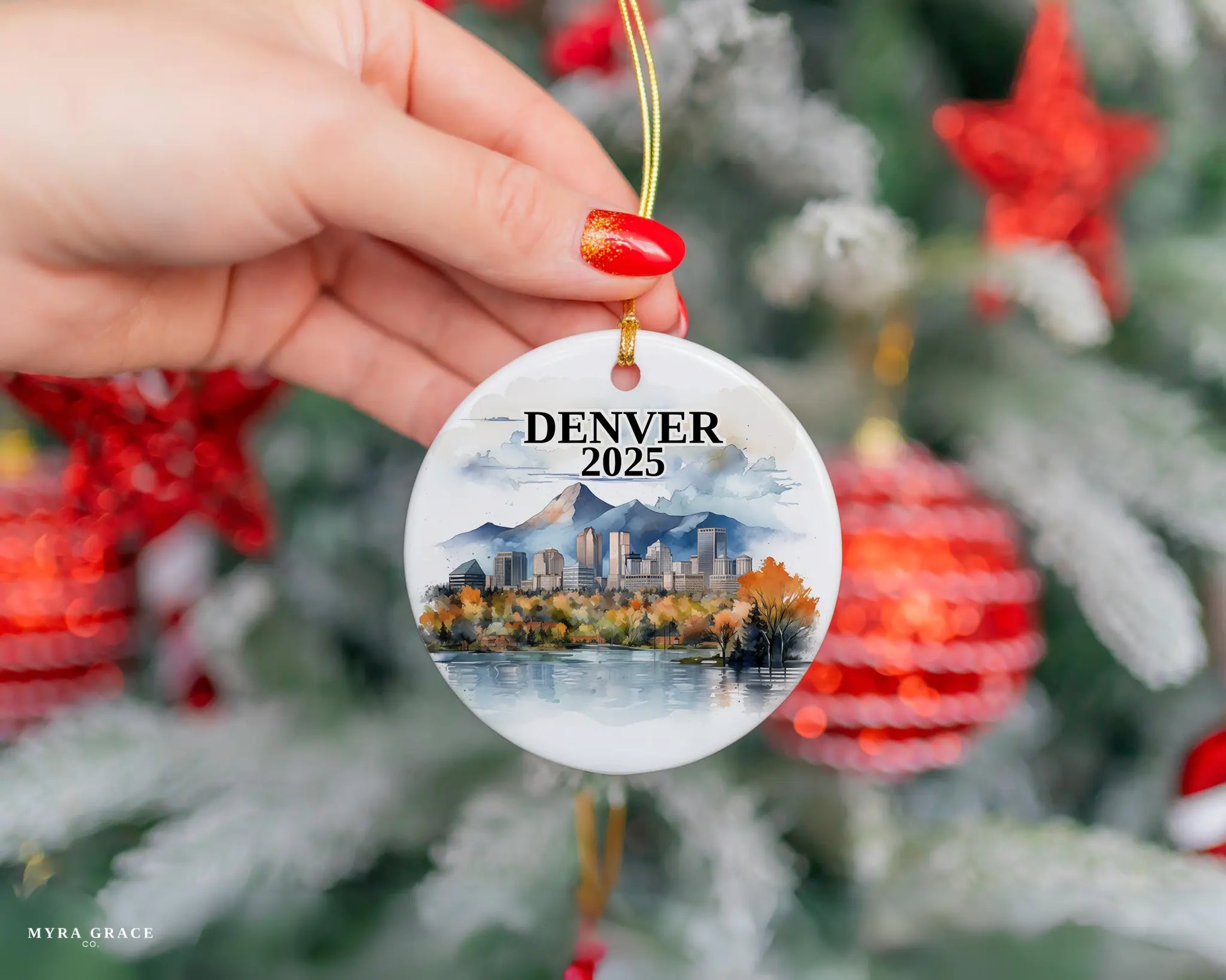 Custom Denver ceramic photo ornament with personalized message – handmade Christmas bauble, gift souvenir, or vacation keepsake.  